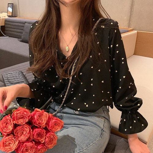 Elegant Style Hearts Printed Chic Loose Blouse - Black image