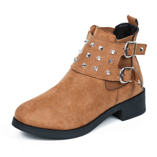 Women’s Rivets Studded Buckle Closure Suede Ankle Boots – Brown image