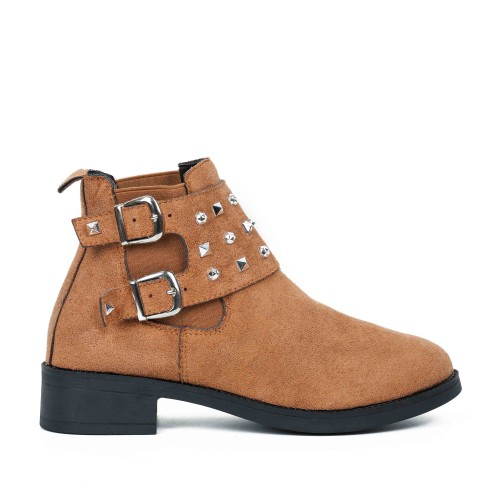 Women’s Rivets Studded Buckle Closure Suede Ankle Boots – Brown image