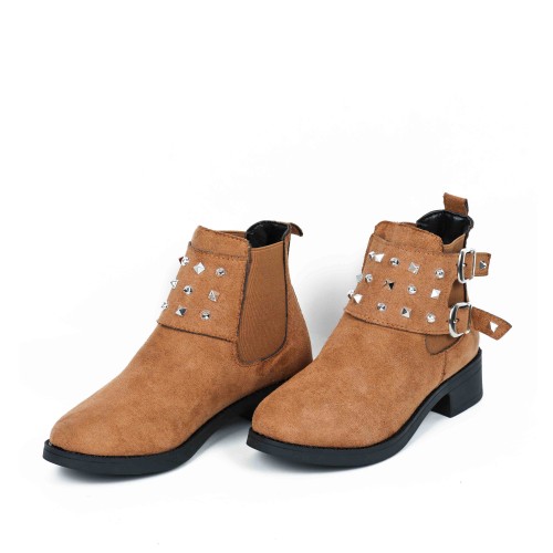 Women’s Rivets Studded Buckle Closure Suede Ankle Boots – Brown image