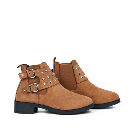 Women’s Rivets Studded Buckle Closure Suede Ankle Boots – Brown image
