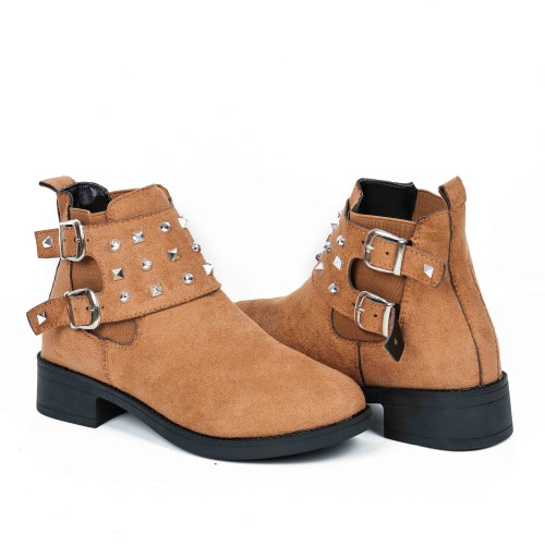 Women’s Rivets Studded Buckle Closure Suede Ankle Boots – Brown image