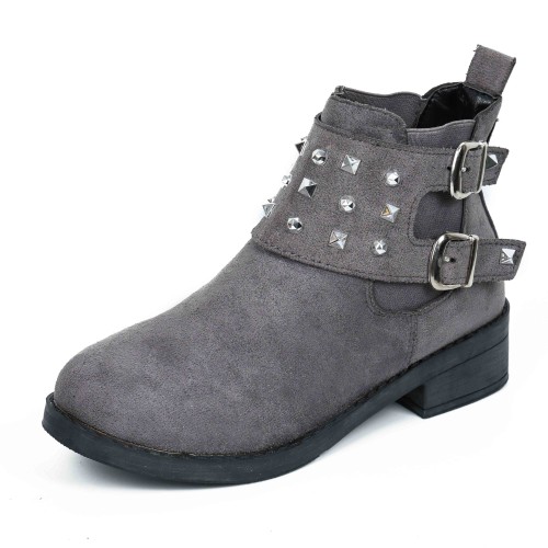 Women’s Rivets Studded Buckle Closure Suede Ankle Boots – Grey image