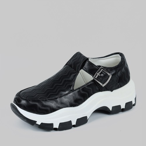 Casual Lightweight Chunky Sports Buckle Sneakers - Black image