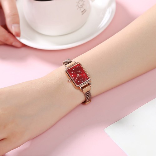  Rectangular Case Celestial Design Women's Wrist Watch - Red image