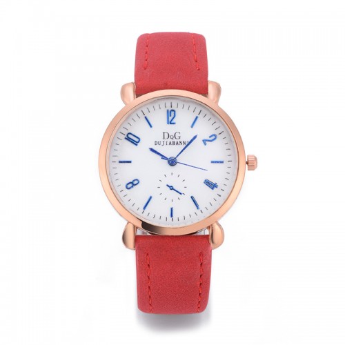 Classic Round Dial Leather Strap Ladies Wrist Watch - Red image