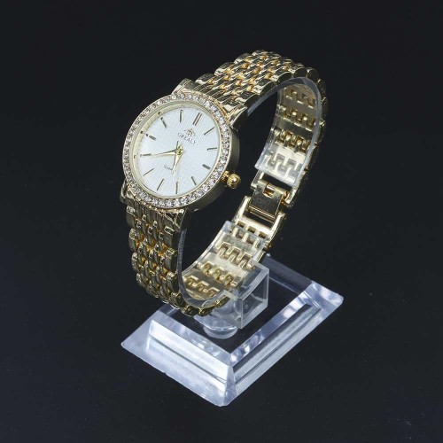 Crystal Rim Steel Strap Wrist Watch For Women's - Gold image