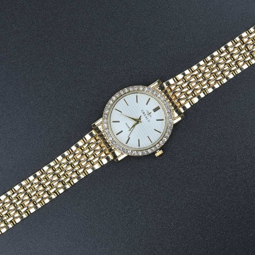 Crystal Rim Steel Strap Wrist Watch For Women's - Gold image