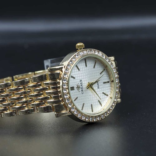 Crystal Rim Steel Strap Wrist Watch For Women's - Gold image