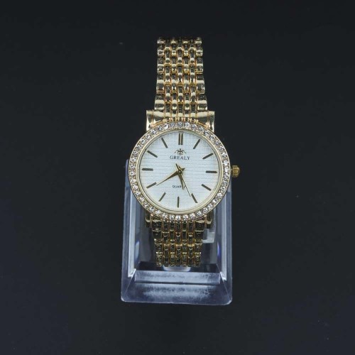 Crystal Rim Steel Strap Wrist Watch For Women's - Gold image
