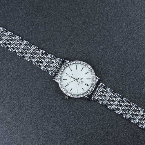 Crystal Rim Steel Strap Wrist Watch For Women's - Silver image