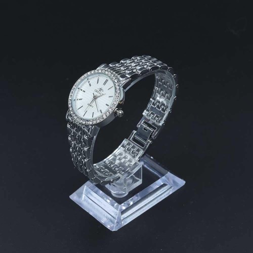 Crystal Rim Steel Strap Wrist Watch For Women's - Silver image