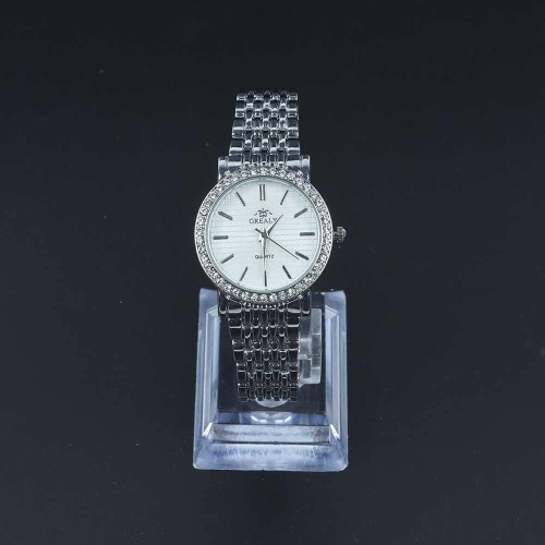 Crystal Rim Steel Strap Wrist Watch For Women's - Silver image