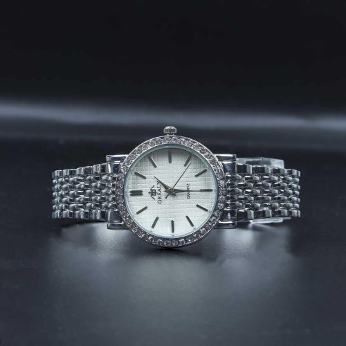 Crystal Rim Steel Strap Wrist Watch For Women's - Silver image