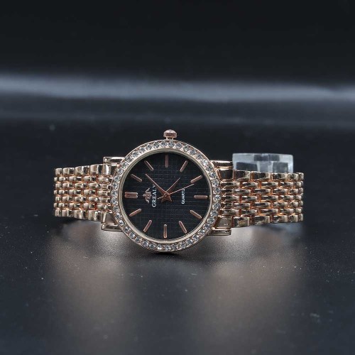 Crystal Rim Steel Strap Wrist Watch For Women's - Rose Gold image