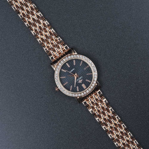 Crystal Rim Steel Strap Wrist Watch For Women's - Rose Gold image