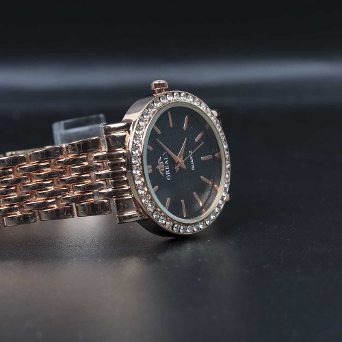 Crystal Rim Steel Strap Wrist Watch For Women's - Rose Gold image