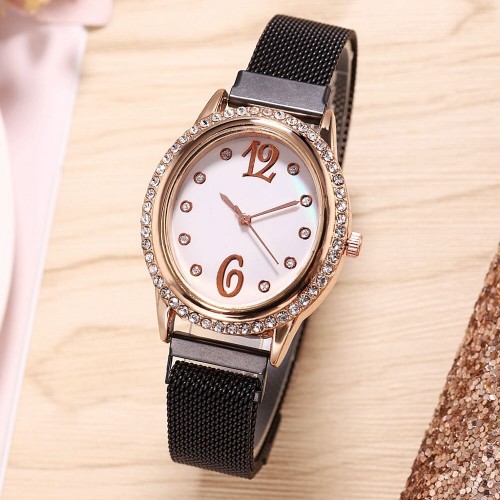 Rhinestone Oval Dial Women's Wrist Watch - Black image