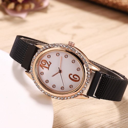 Rhinestone Oval Dial Women's Wrist Watch - Black image