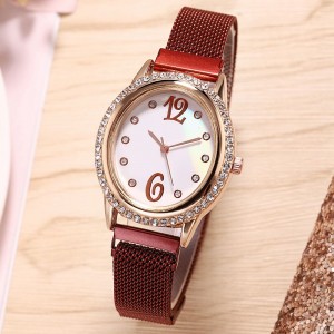 Rhinestone Oval  Dial Women's Wrist Watch - Red