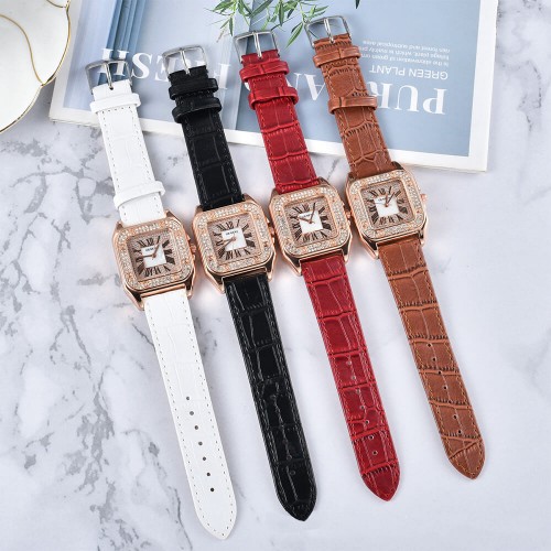 Diamonds Encrusted Square Face Women's Wrist Watch - Red image