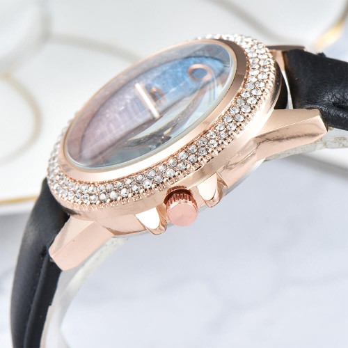 Rhinestone Decorated Starry Sky Women's Wrist Watch - Black image