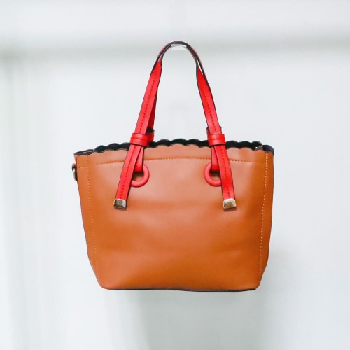 Women's Leather Hand Bag With Furry Cartoon Ball - Brown image