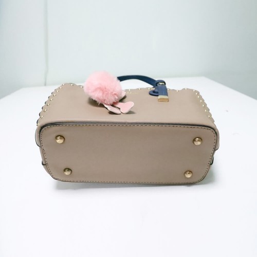 Women's Leather Hand Bag With Furry Cartoon Ball - Light Brown image