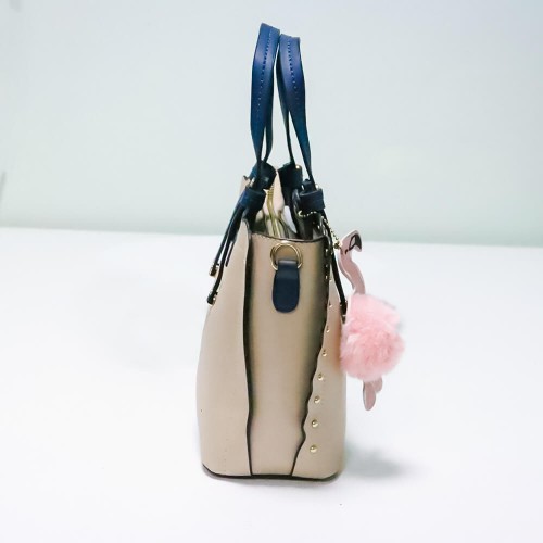 Women's Leather Hand Bag With Furry Cartoon Ball - Cream image