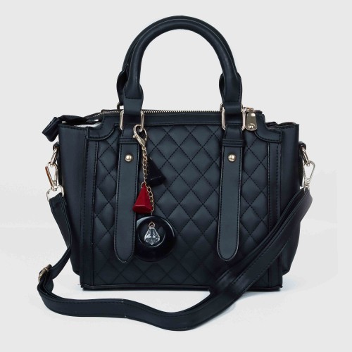 Zipper closure Diamond Stitched Leather Hand Bag For women - Black image