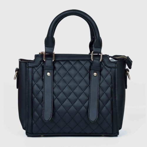 Zipper closure Diamond Stitched Leather Hand Bag For women - Black image