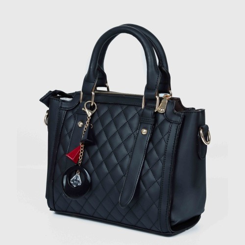 Zipper closure Diamond Stitched Leather Hand Bag For women - Black image