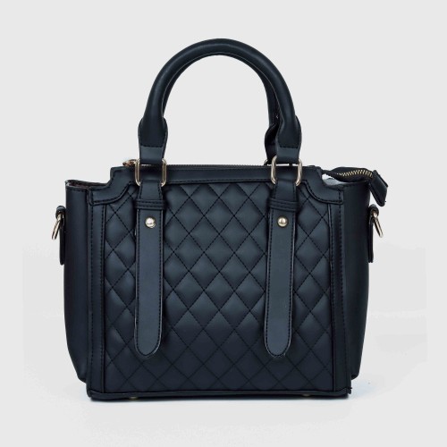 Zipper closure Diamond Stitched Leather Hand Bag For women - Black image