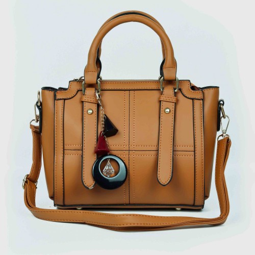 Zipper closure Diamond Stitched Leather Hand Bag For women - Brown image