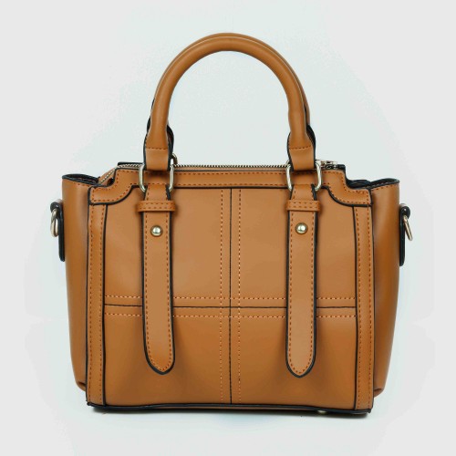 Zipper closure Diamond Stitched Leather Hand Bag For women - Brown image