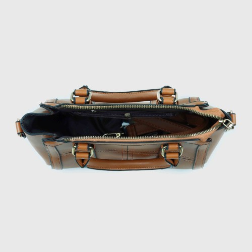 Zipper closure Diamond Stitched Leather Hand Bag For women - Brown image