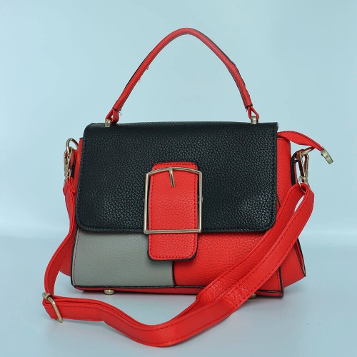 Buckle Closure Contrast Women Shoulder Handbag - Red image