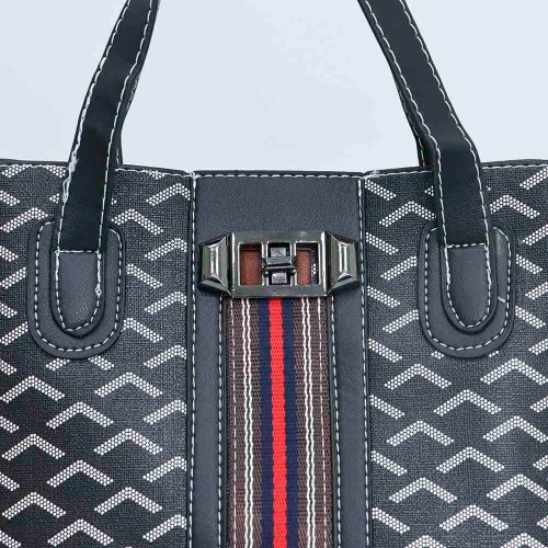  Rotating Closure Nylon Strap Women's Leather Hand Bag - Black image