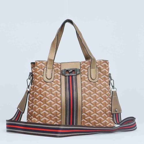 Rotating Closure Synthetic Leather Women's Hand Bag Set - Brown image