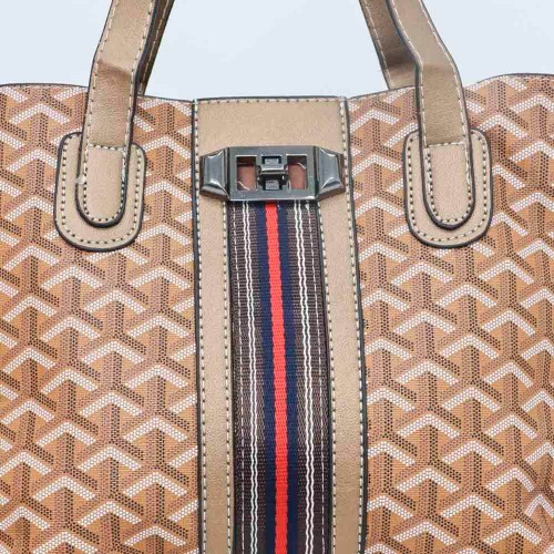 Rotating Closure Synthetic Leather Women's Hand Bag Set - Brown image