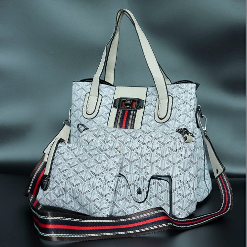 Rotating Closure Synthetic Leather Women's Hand Bag Set - White image