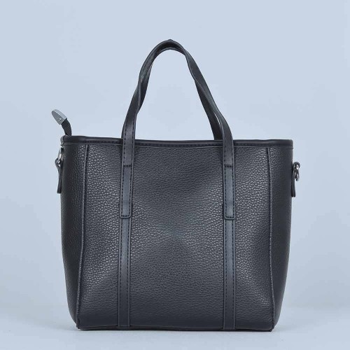 Zipper Closure Women's Plain Style Leather Handbag - Black image