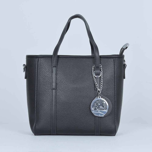 Zipper Closure Women's Plain Style Leather Handbag - Black image