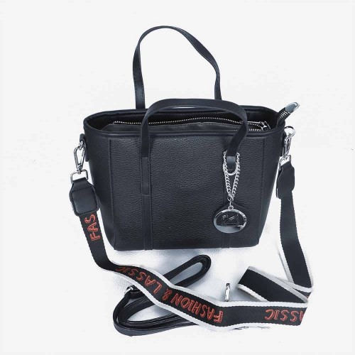 Zipper Closure Women's Plain Style Leather Handbag - Black image