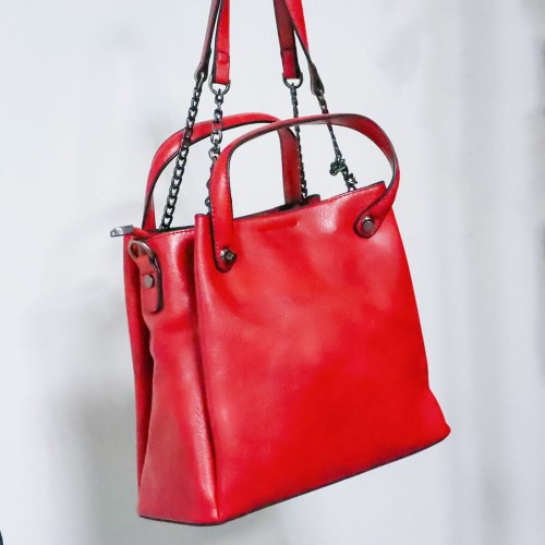 Pu Leather Large Space Chain Strap Women's Hand Bag - Red image