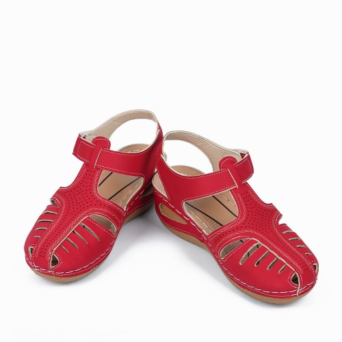 Velcro Closure Round Toe Women's Summer Sandal - Red image