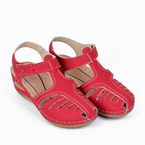 Velcro Closure Round Toe Women's Summer Sandal - Red image