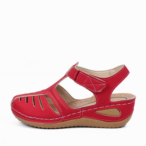 Velcro Closure Round Toe Women's Summer Sandal - Red image