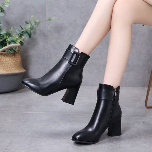 Women's Casual High Heel Leather Boots - Black image