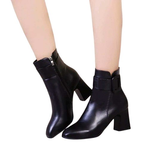 Women's Casual High Heel Leather Boots - Black image